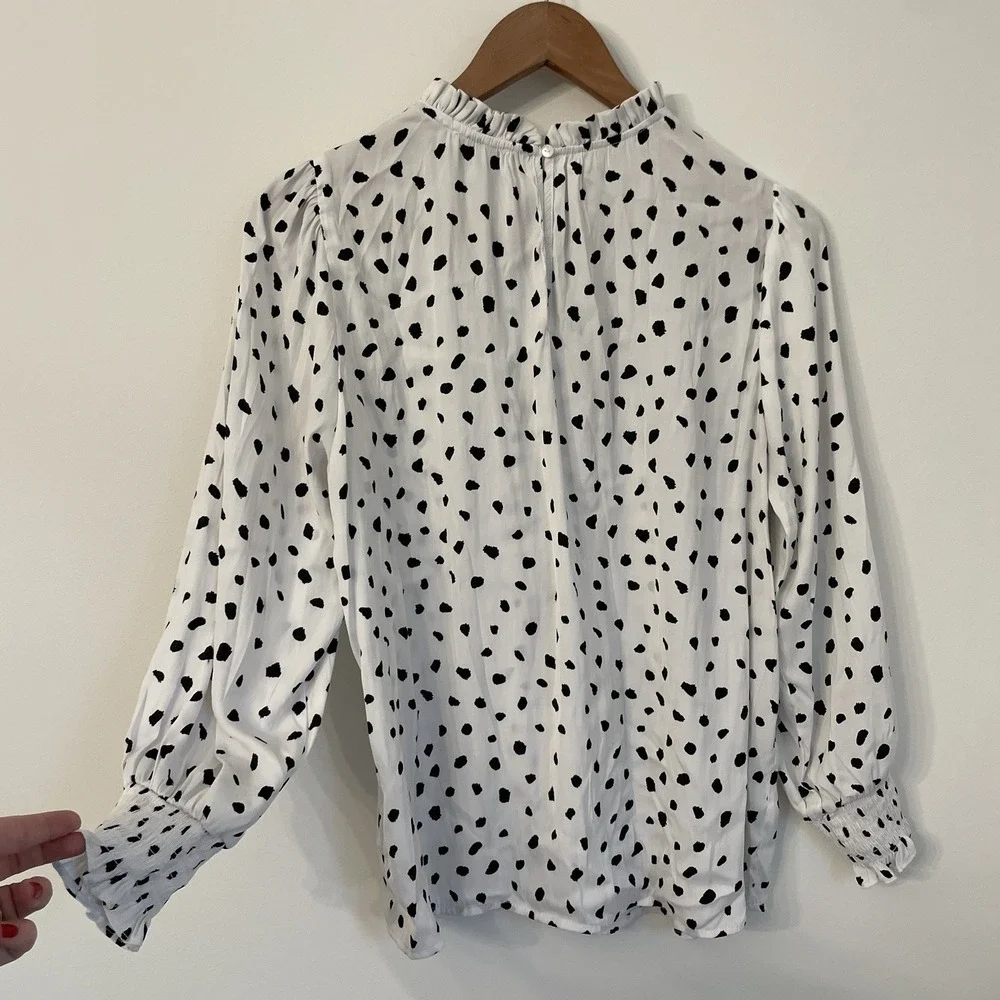 Maison d'Amélie Paris Dalmatian Dot Blouse Large Ruffle Mock Neck Smocked Cuff L - Picture 11 of 16